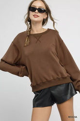 Umgee Round Neck Long Sleeve Fleece Sweatshirt OutfitFlow